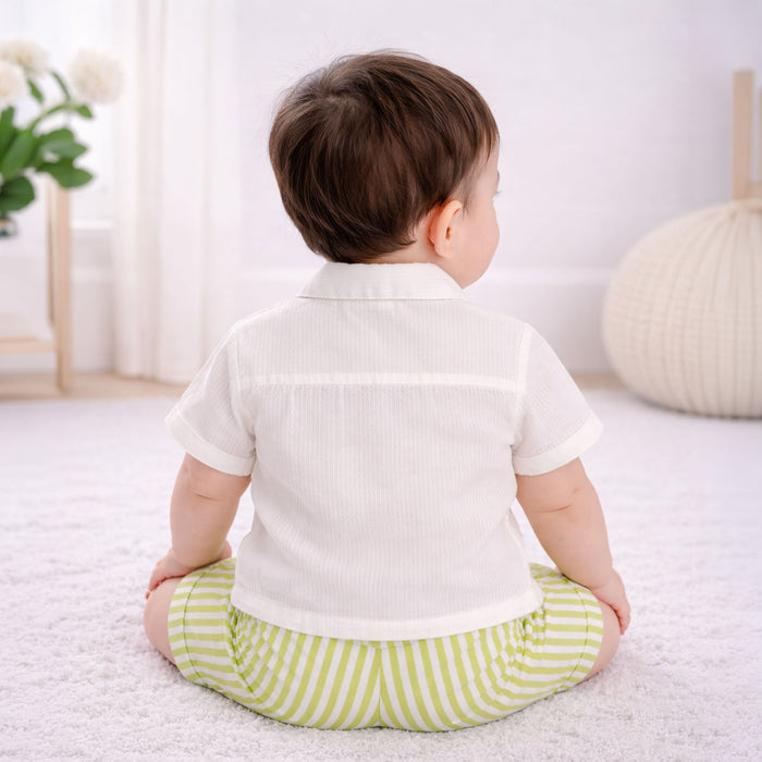 Infant Boys Co-ord Set in Cotton White Shirt with Green Stripe Shorts for Summer Comfort Wear