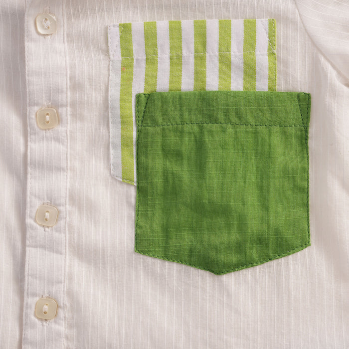Infant Boys Co-ord Set in Cotton White Shirt with Green Stripe Shorts for Summer Comfort Wear