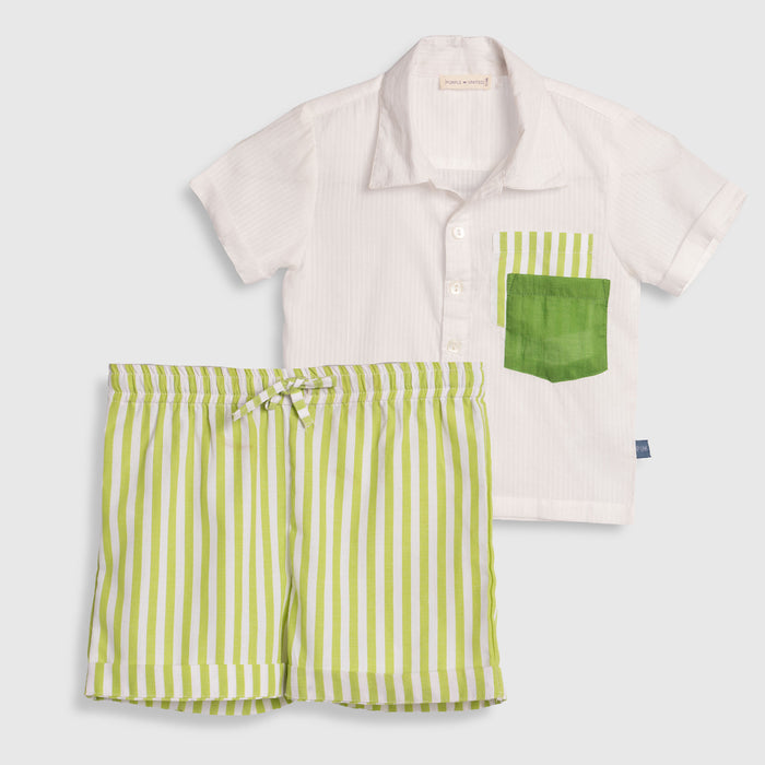 Infant Boys Co-ord Set in Cotton White Shirt with Green Stripe Shorts for Summer Comfort Wear