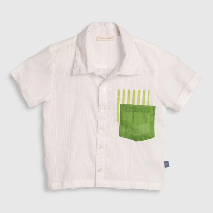 Infant Boys Co-ord Set in Cotton White Shirt with Green Stripe Shorts for Summer Comfort Wear