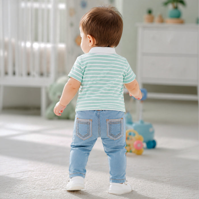 Infant Boys Coord Set in Light & Mid Blue with Striped Collar Tshirt and Soft Denim Jeans