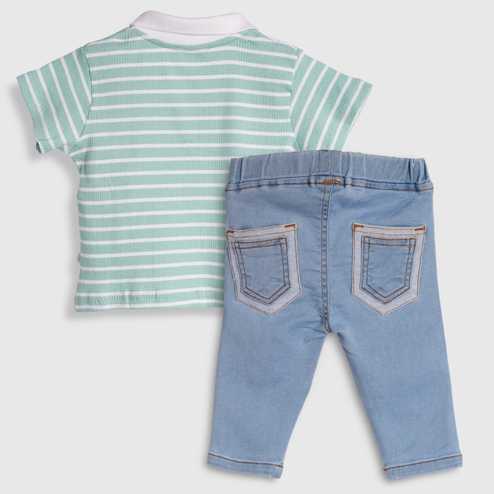 Infant Boys Coord Set in Light & Mid Blue with Striped Collar Tshirt and Soft Denim Jeans