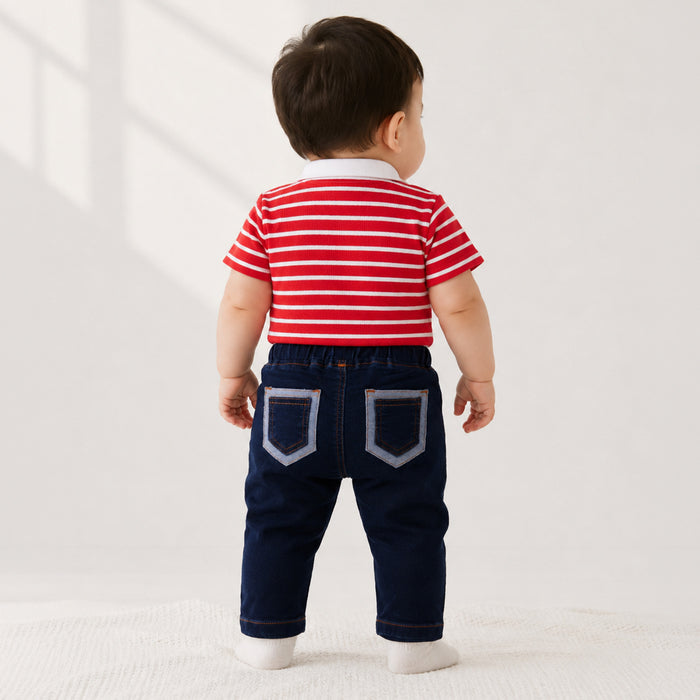 Infant Boys Coord Set in Red & Dark Blue with Striped Collar Tshirt and Soft Denim Jeans