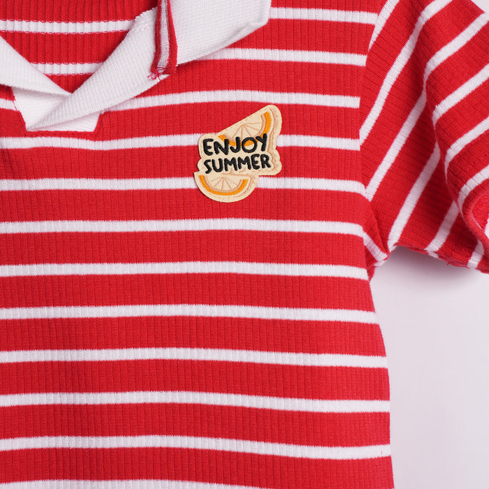 Infant Boys Coord Set in Red & Dark Blue with Striped Collar Tshirt and Soft Denim Jeans