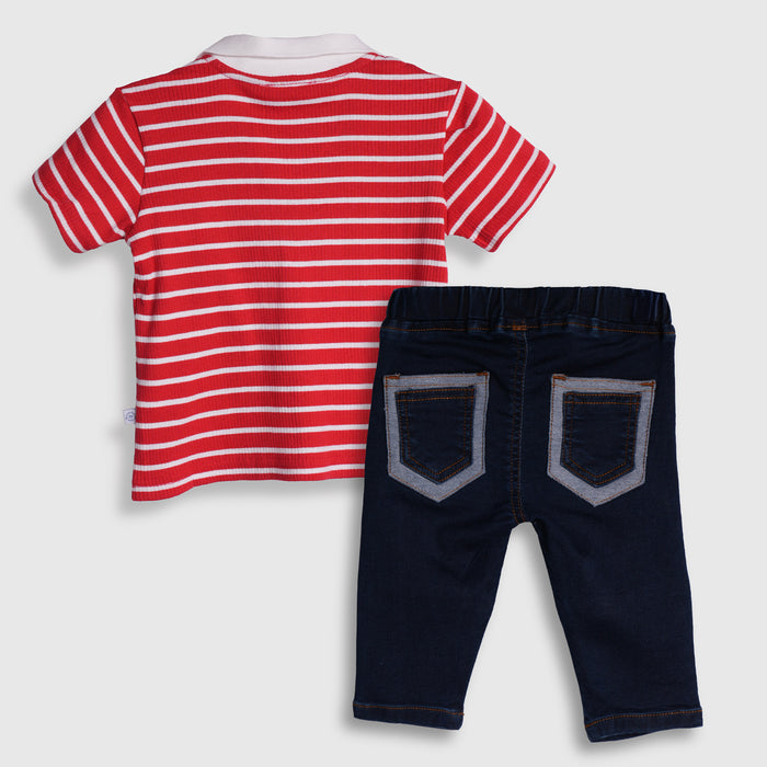 Infant Boys Coord Set in Red & Dark Blue with Striped Collar Tshirt and Soft Denim Jeans