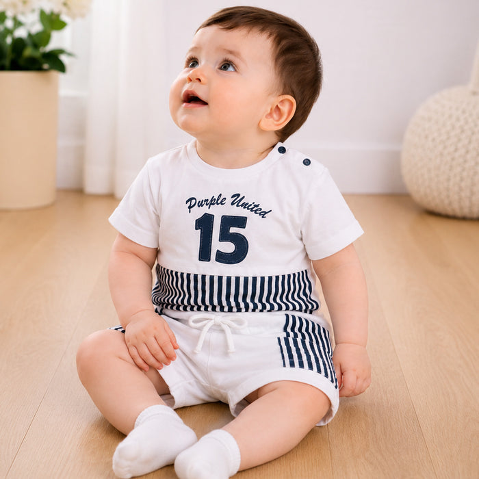 Infant Boys Coord Set in Teal with Soft Cotton Tshirt & Comfort Striped Shorts for Casual Wear