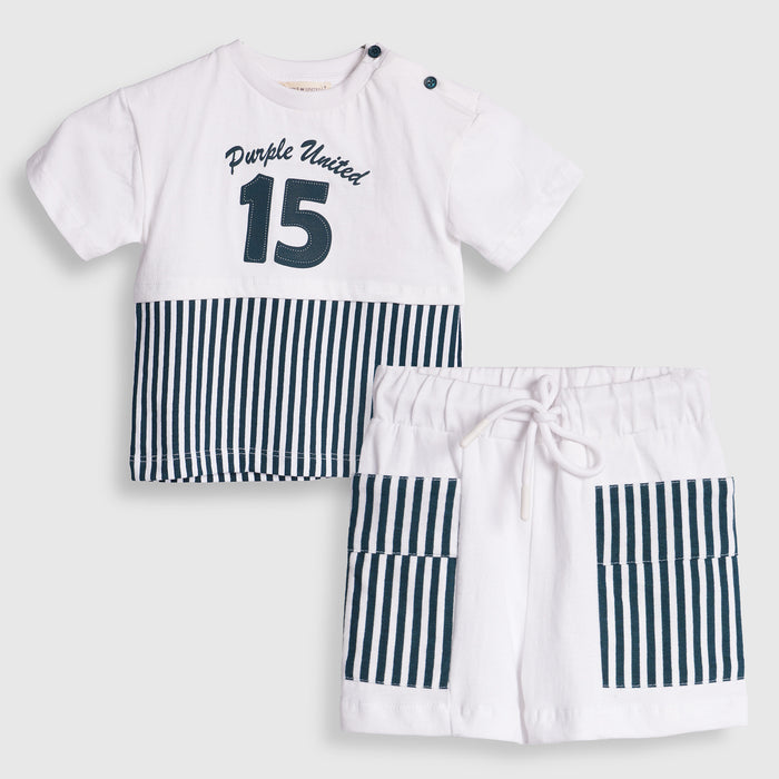 Infant Boys Coord Set in Teal with Soft Cotton Tshirt & Comfort Striped Shorts for Casual Wear