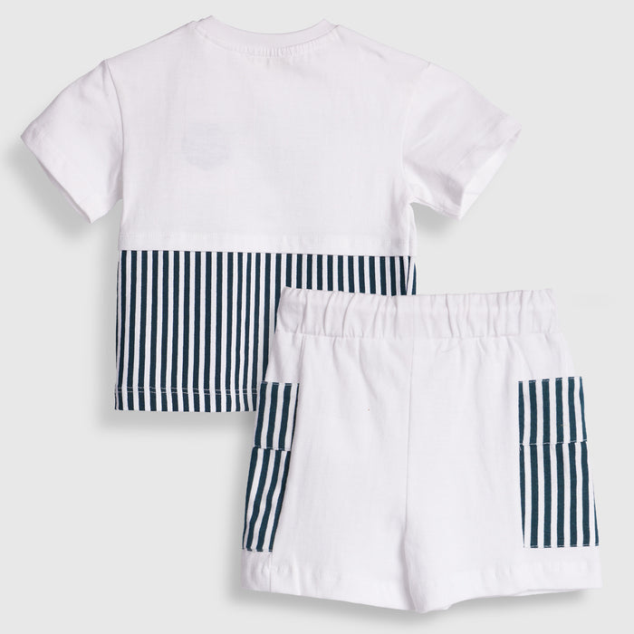 Infant Boys Coord Set in Teal with Soft Cotton Tshirt & Comfort Striped Shorts for Casual Wear