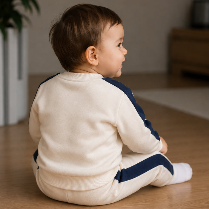 Infant Boys Coord Set in White Blue with Comfortable Fit, Soft Warm Sweatshirt & Jogger Pants