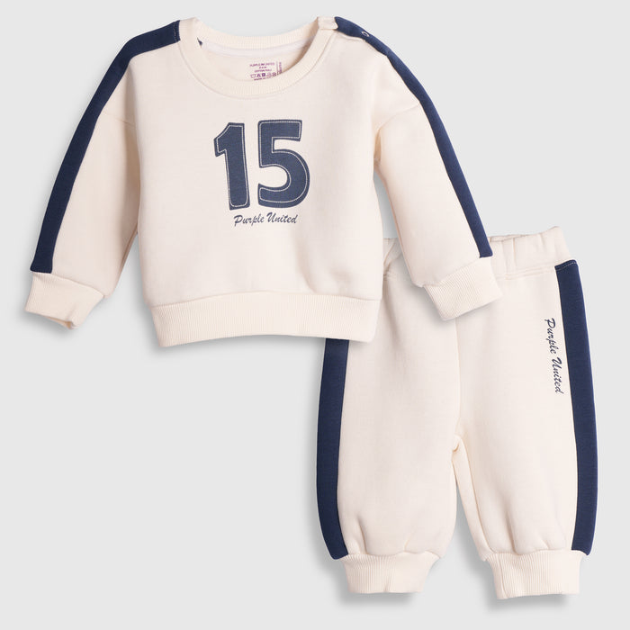 Infant Boys Coord Set in White Blue with Comfortable Fit, Soft Warm Sweatshirt & Jogger Pants