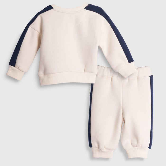 Infant Boys Coord Set in White Blue with Comfortable Fit, Soft Warm Sweatshirt & Jogger Pants