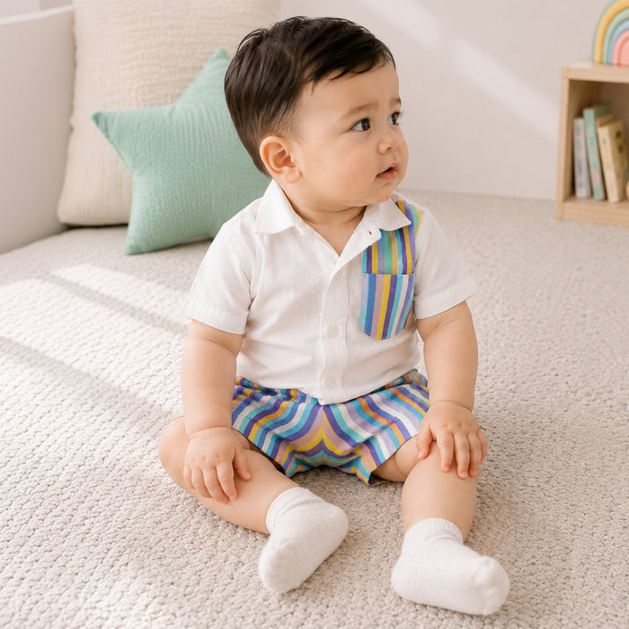 Infant Boys Coord Set in White Blue with Soft Comfort Shirt & Relaxed Fit Stripe Shorts