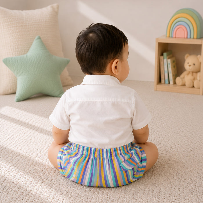 Infant Boys Coord Set in White Blue with Soft Comfort Shirt & Relaxed Fit Stripe Shorts