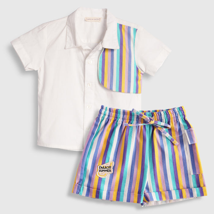 Infant Boys Coord Set in White Blue with Soft Comfort Shirt & Relaxed Fit Stripe Shorts