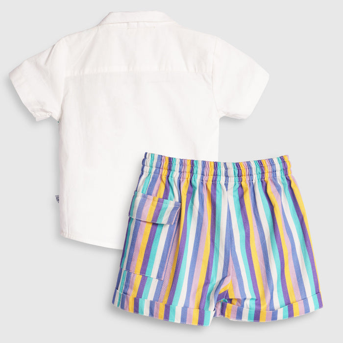 Infant Boys Coord Set in White Blue with Soft Comfort Shirt & Relaxed Fit Stripe Shorts