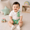 Infant Boys Coord Set in White Green with Soft Comfort Shirt & Relaxed Fit Stripe Shorts