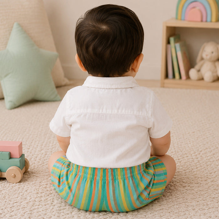 Infant Boys Coord Set in White Green with Soft Comfort Shirt & Relaxed Fit Stripe Shorts