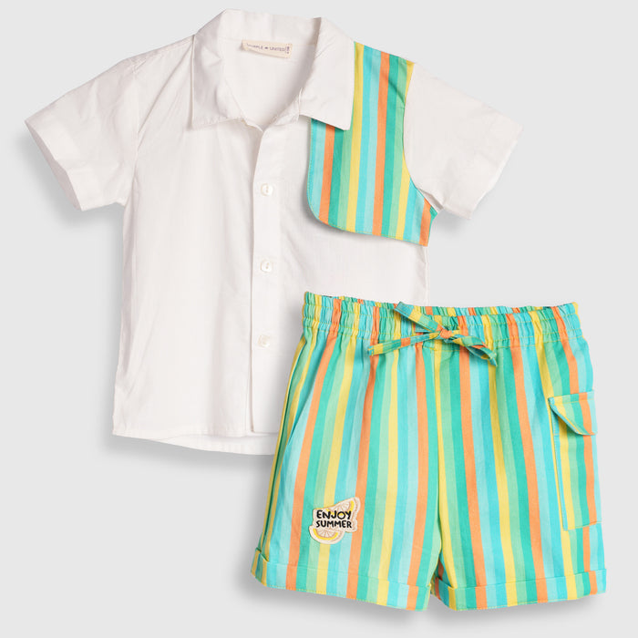 Infant Boys Coord Set in White Green with Soft Comfort Shirt & Relaxed Fit Stripe Shorts