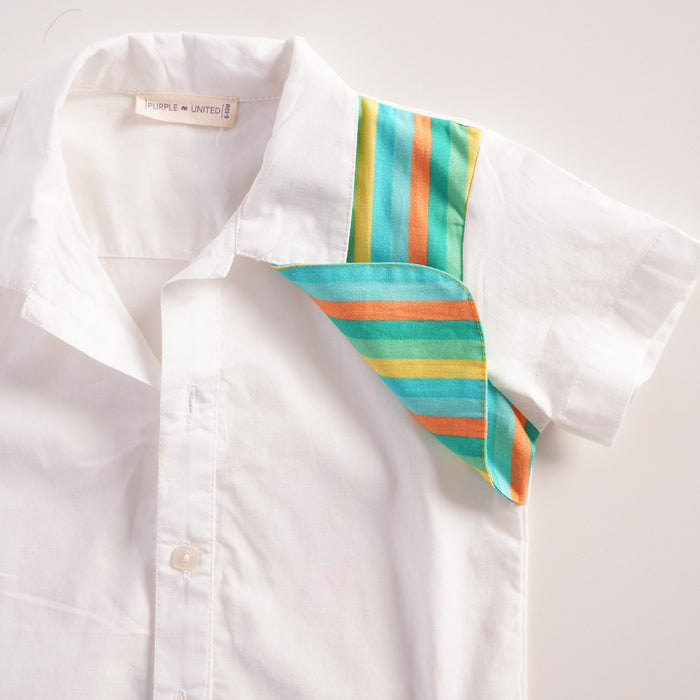 Infant Boys Coord Set in White Green with Soft Comfort Shirt & Relaxed Fit Stripe Shorts