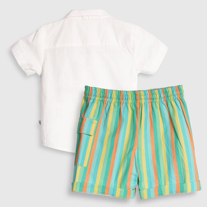 Infant Boys Coord Set in White Green with Soft Comfort Shirt & Relaxed Fit Stripe Shorts