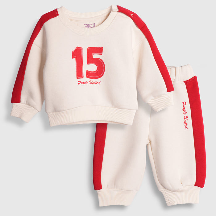 Infant Boys Coord Set in White Red with Comfortable Fit, Soft Warm Sweatshirt & Jogger Pants