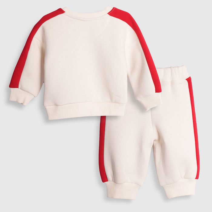 Infant Boys Coord Set in White Red with Comfortable Fit, Soft Warm Sweatshirt & Jogger Pants