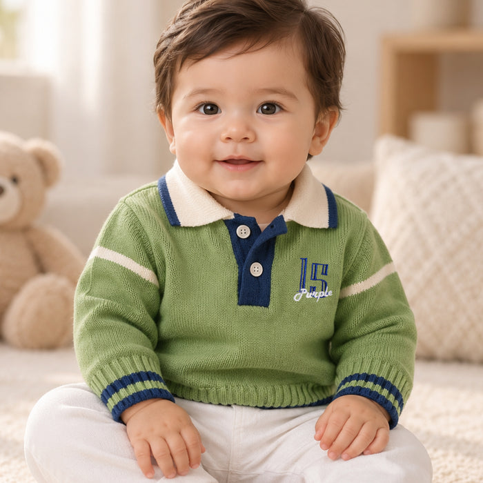 Infant Boys Sweater in Light Green with Polo Collar, Striped Cuffs & Warm Comfort
