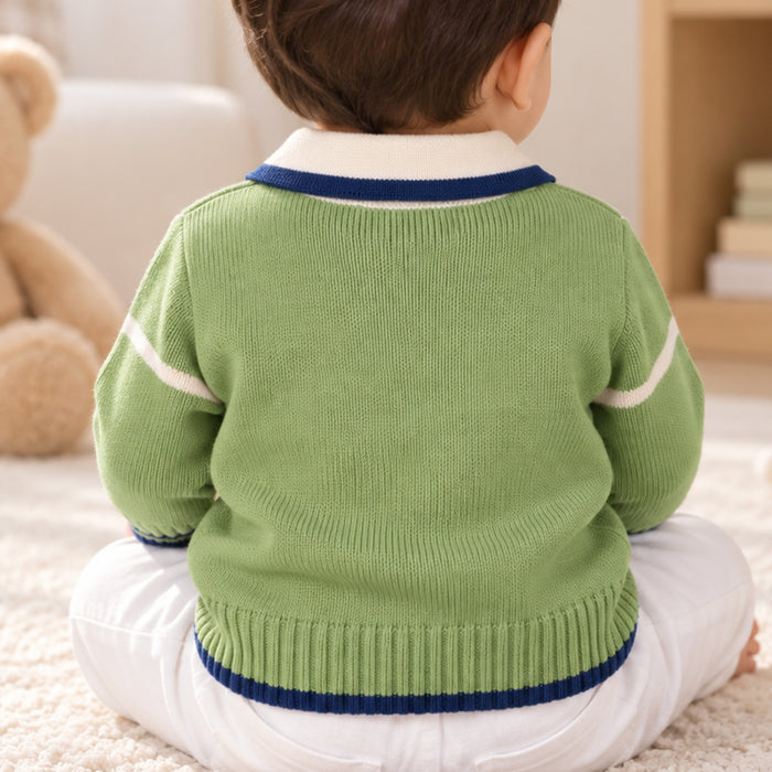 Infant Boys Sweater in Light Green with Polo Collar, Striped Cuffs & Warm Comfort