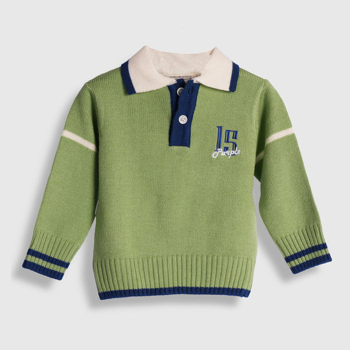 Infant Boys Sweater in Light Green with Polo Collar, Striped Cuffs & Warm Comfort