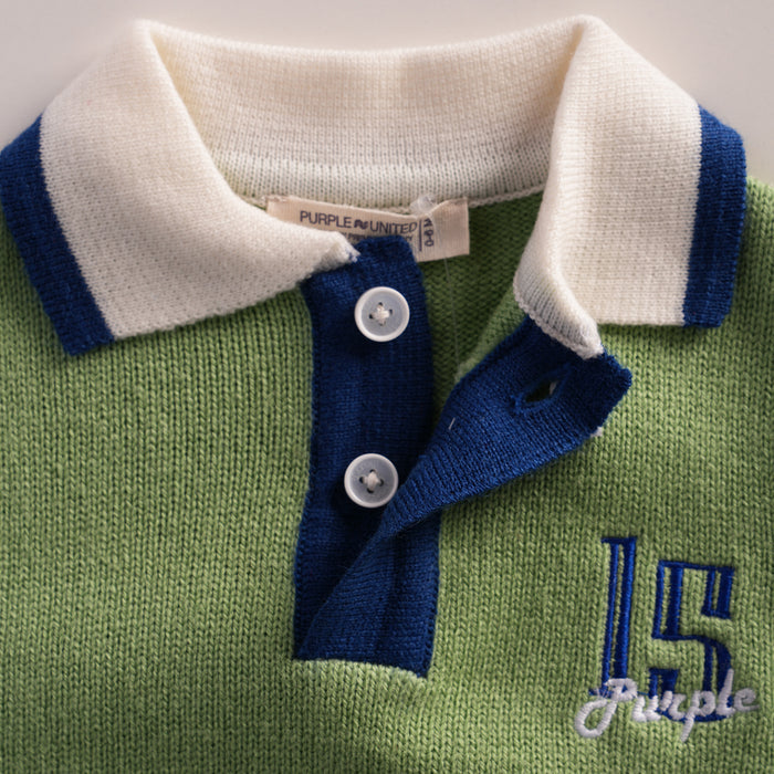 Infant Boys Sweater in Light Green with Polo Collar, Striped Cuffs & Warm Comfort