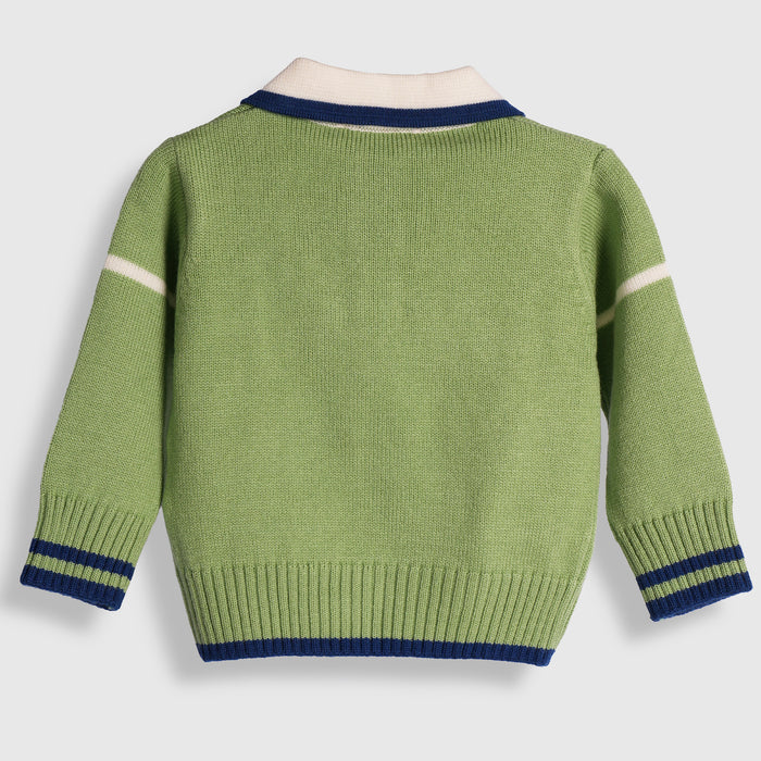 Infant Boys Sweater in Light Green with Polo Collar, Striped Cuffs & Warm Comfort