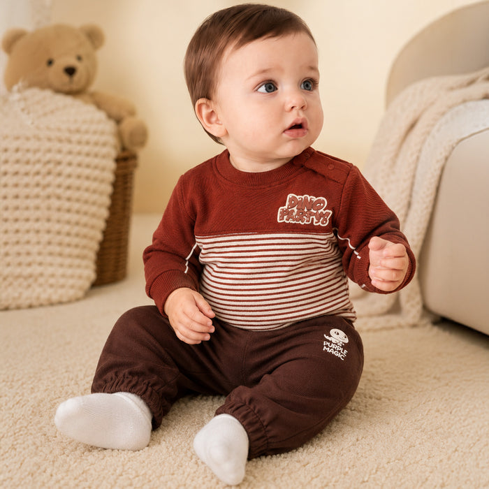 Infant Coord Set in Brown Striped Panel with Warm Comfort Sweatshirt & Elasticated Pants