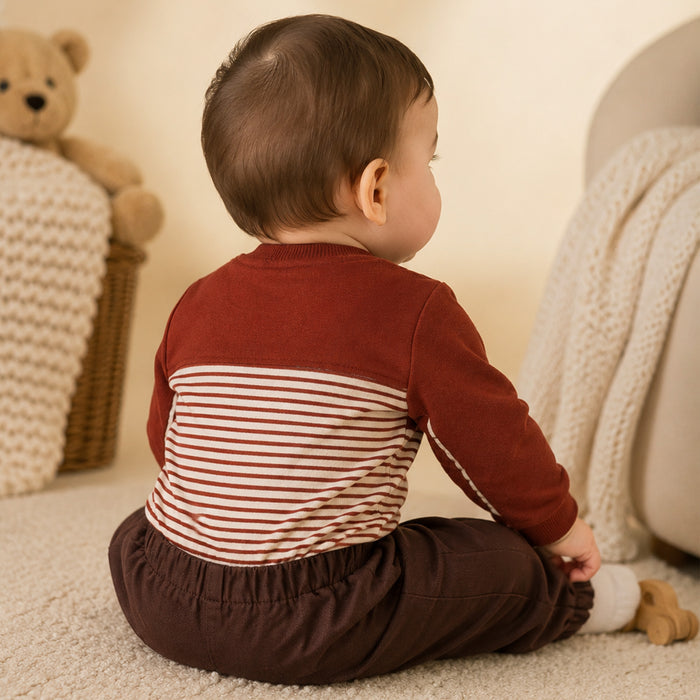 Infant Coord Set in Brown Striped Panel with Warm Comfort Sweatshirt & Elasticated Pants
