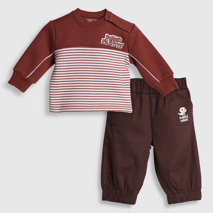 Infant Coord Set in Brown Striped Panel with Warm Comfort Sweatshirt & Elasticated Pants