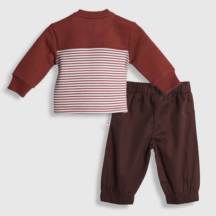 Infant Coord Set in Brown Striped Panel with Warm Comfort Sweatshirt & Elasticated Pants