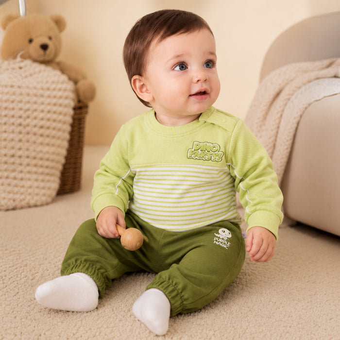 Infant Coord Set in Green Striped Panel with Warm Comfort Sweatshirt & Elasticated Pants