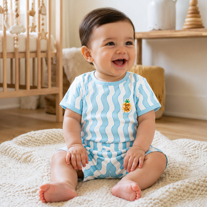 Infant Coord Set in Light Blue Cotton with Regular Fit, Soft Fabric Tshirt & Elastic Shorts