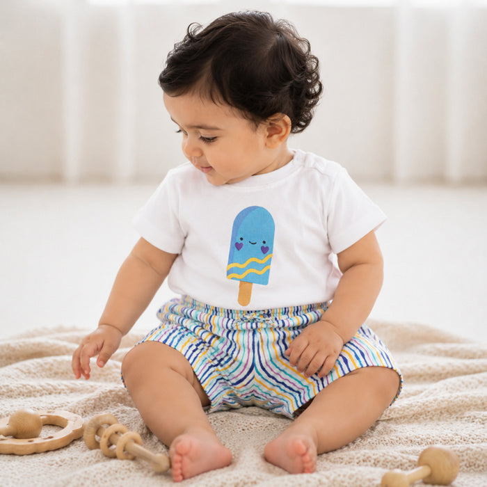 Infant Coord Set in White Blue with Graphic Print Soft Tshirt & Relaxed Stripe Shorts