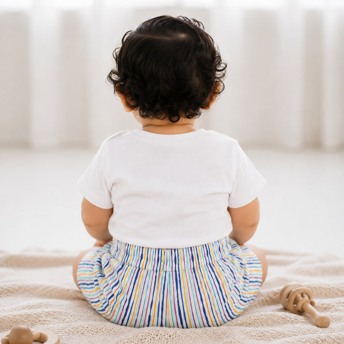 Infant Coord Set in White Blue with Graphic Print Soft Tshirt & Relaxed Stripe Shorts