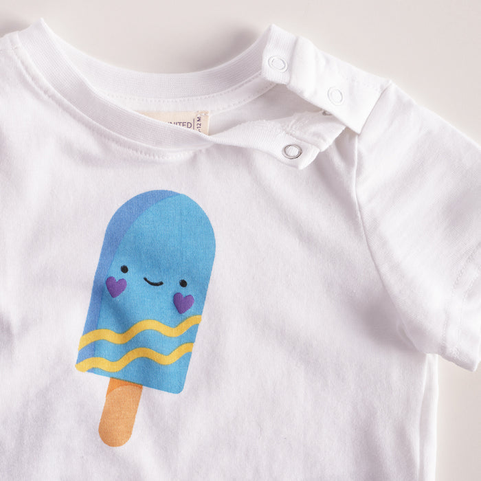 Infant Coord Set in White Blue with Graphic Print Soft Tshirt & Relaxed Stripe Shorts
