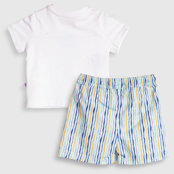Infant Coord Set in White Blue with Graphic Print Soft Tshirt & Relaxed Stripe Shorts
