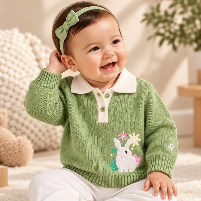 Infant Girl Sweater in Light Green with Comfort Fit, Bunny Appliqué Detail & Warm Soft Fabric