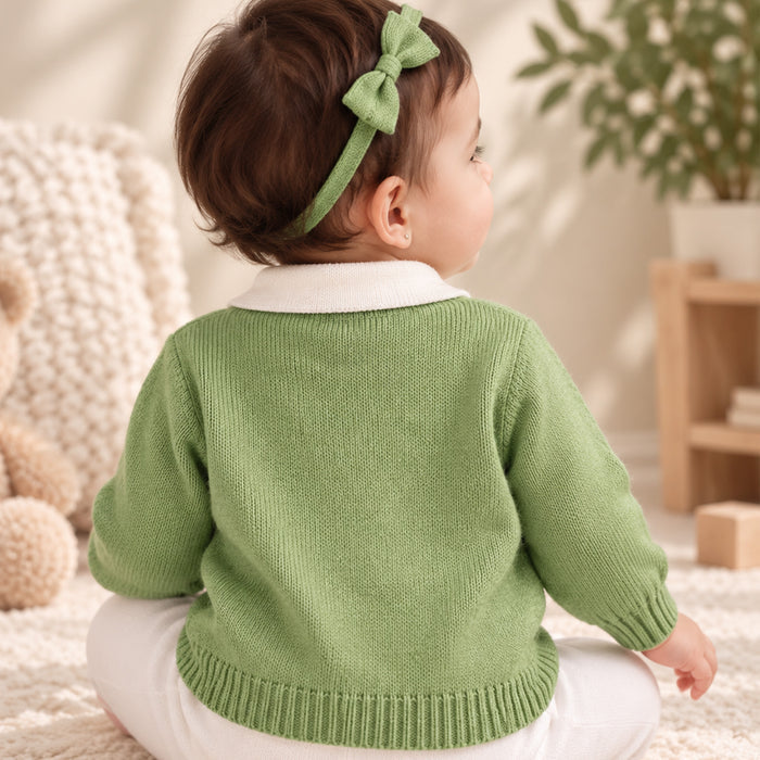 Infant Girl Sweater in Light Green with Comfort Fit, Bunny Appliqué Detail & Warm Soft Fabric