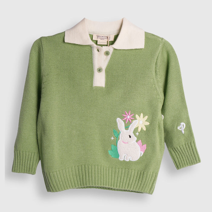 Infant Girl Sweater in Light Green with Comfort Fit, Bunny Appliqué Detail & Warm Soft Fabric