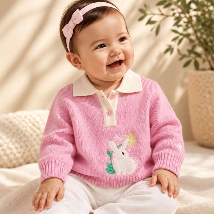 Infant Girl Sweater in Light Pink with Comfort Fit, Bunny Appliqué Detail & Warm Soft Fabric