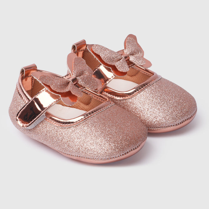 Infant Girls Booties in Rose Gold with Comfort Fit, Secure Strap, Soft Sole & Glitter Finish