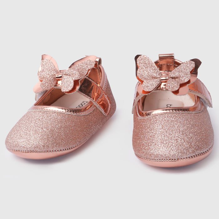 Infant Girls Booties in Rose Gold with Comfort Fit, Secure Strap, Soft Sole & Glitter Finish