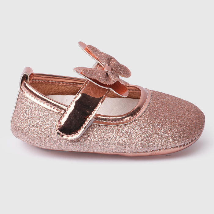 Infant Girls Booties in Rose Gold with Comfort Fit, Secure Strap, Soft Sole & Glitter Finish