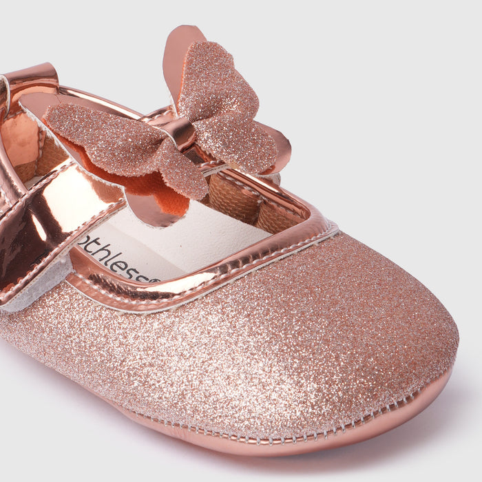 Infant Girls Booties in Rose Gold with Comfort Fit, Secure Strap, Soft Sole & Glitter Finish