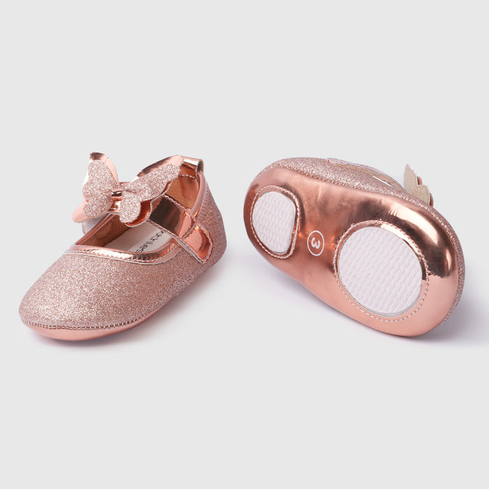 Infant Girls Booties in Rose Gold with Comfort Fit, Secure Strap, Soft Sole & Glitter Finish